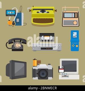 Symbole für Retro-Gadgets. Tragbarer Kassettenspieler und alter pc, Vintage Gamepad und alte Kamera Vektor Illustration Stock Vektor