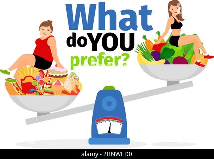 Übergewichtige Frau, ungesunde Lebensmittel und gesunde vegane Ernährung schlanke Mädchen auf der Waage Vektor-Illustration Stock Vektor