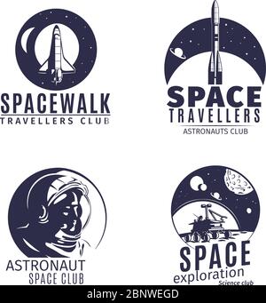 Space Logo im Retro-Stil. Vintage-Etiketten und Abzeichen mit Astronauten, Raumrakete und Helm. Vektorgrafik Stock Vektor