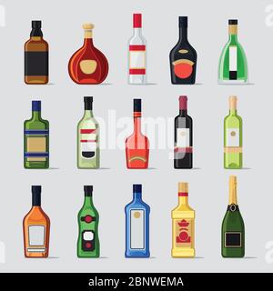 Alkohol in einer Flasche flache Symbole. Vektorgrafik Getränkeflaschen Stock Vektor