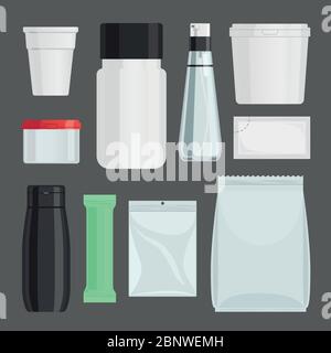 Kosmetikbehälter Vektor-Set. Flaschen und Gläser, Beutel und Fläschchen mit kosmetischen Produkten Stock Vektor