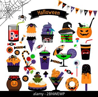 Halloween Hexerei Süßigkeiten Vektor flache Symbole. Kürbis und Muffins, Süßigkeiten und Eis für Kinder Stock Vektor