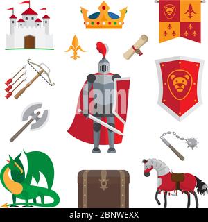 Mittelalterliche Königskonen mit Ritter und Burg, Drachen und Krone auf weißem Hintergrund isoliert. Vektorgrafik Stock Vektor