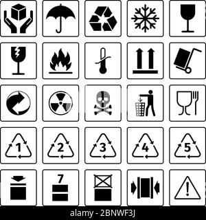 Verpackungssymbole. Vektorpaket Symbole mit Abfall Recycling und zerbrechlich, entzündlich und diese Seite nach oben Symbole Stock Vektor