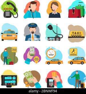 Taxi Cartoon Symbole. Taxi Passagier und Fahrer, Taxi orange Limousine und gelbe Kabine Vektor-Illustration Stock Vektor