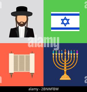 Jüdische und judentum Symbole. Hoffnung Gebet und Flagge, Kerzen und torah Vektor Zeichen Stock Vektor