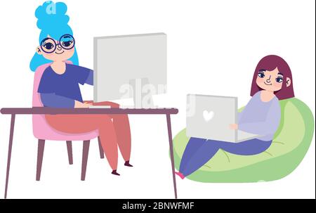 Arbeiten aus der Ferne, junge Frauen mit Laptop auf Stuhl Schreibtisch Arbeitsplatz Heim Vektor Illustration Stock Vektor