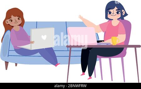 Arbeiten aus der Ferne, junge Frauen mit Laptop auf Sofa Stuhl Schreibtisch Arbeitsplatz Heim Vektor Illustration Stock Vektor