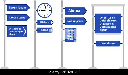 Straßenrichtungszeichen Vektor-Illustration setzen. Verschiedene Arten von Wegweisern und Wegweisern, Pfeile und Tafeln auf weißem Hintergrund isoliert Stock Vektor