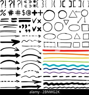 Markierungsstift geschriebene Vektorformen. Markieren Sie handgeschriebene Pfeile, Linien und Zeichen auf weißem Hintergrund Stock Vektor