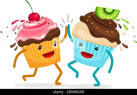 Cartoon Muffins für immer Freunde. Cupcakes klatschen Hände Vektor-Illustration Stock Vektor