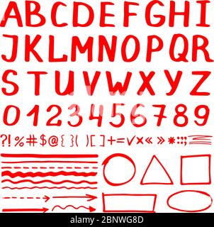 Marker Stift rot Hand geschrieben Vektor-Elemente auf weißem Hintergrund. Anzahl, Buchstaben und Pfeile Symbole Sammlung Stock Vektor