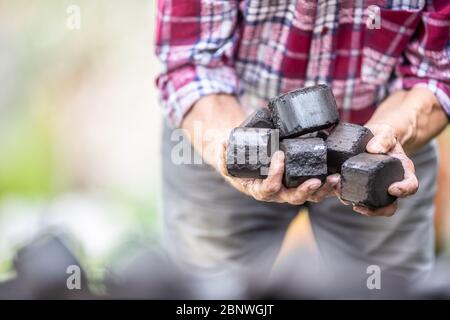 Mann in einem karierten Hemd mit Holzkohlebriketts. Stockfoto