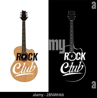 Vector Akustikgitarre im realistischen Stil für Rock Club mit Schriftzug. Design Illustration für Placard oder Banner of Music Event, Party oder Konzert. Stock Vektor