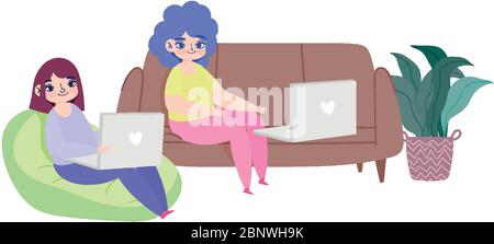 Arbeiten entfernt, junge Frauen auf Sofa Sitzbank mit Laptop im Zimmer Vektor-Illustration Stock Vektor
