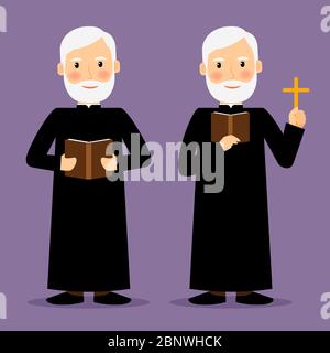 Pastor Charakter mit Kreuz und Bibel isoliert auf violettem Hintergrund. Vektorgrafik Stock Vektor