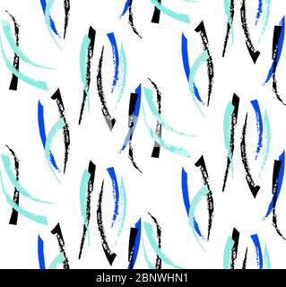 Nahtloses abstraktes geometrisches Muster im Retro-Gruppenstil. Muster mit geometrischen Formen in drei Farben schwarz, mint und blau bereit für Textildrucke. Stockfoto