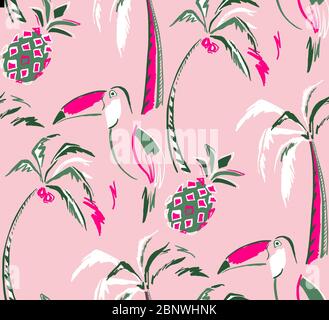 Schöne nahtlose floralen Sommer Muster Hintergrund mit tropischen Palmen, Papagei, Hibiskus. Stockfoto
