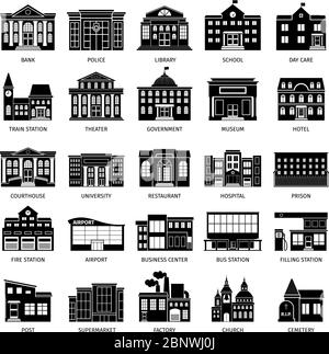 Schwarze Symbole im Regierungsgebäude. Stadtkrankenhaus und Restaurant, Universität und Museumsgebäude Vektor-Symbol-Set Stock Vektor