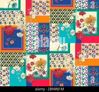 Nahtloses modernes Patchwork-Muster mit Blumen und Linien. Ethnisch-indischer Stil. Bereit für Textildrucke. Stockfoto