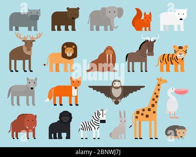Zoo Tiere flach bunte Symbole auf blauem Hintergrund. Vektorgrafik Stock Vektor
