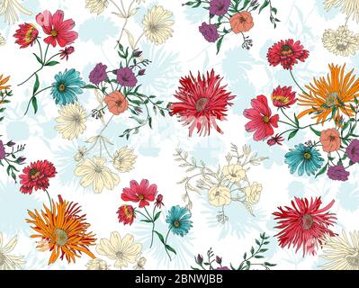 Aquarell Nahtloses Muster mit großen Blüten. Handbemalte Aquarellillustration auf weißem Hintergrund. Stockfoto