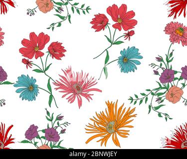 Nahtloses, modernes, farbiges Blumenmuster. Bereit für Textildrucke. Handgemalte Illustration auf weißem Hintergrund. Stockfoto