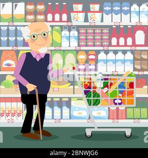 Großvater im Geschäft. Älterer Mann im Geschäft mit Einkaufswagen voller Lebensmittel Vektor-Illustration Stock Vektor