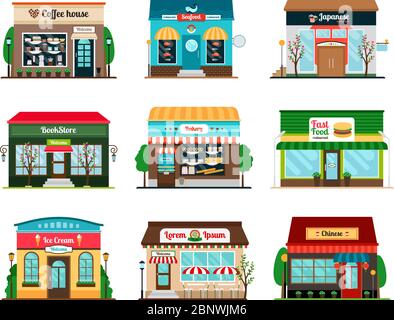 Shop und Café bunte Ikonen Sammlung auf weißem Hintergrund. Buchhandlung, Kaffeehaus und orientalische Lebensmittel Restaurant Vektor-Ikonen Stock Vektor