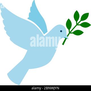 Symbol für den Frieden des Vogels. Blaue Taube mit grünem Ast Vektorillustration Stock Vektor