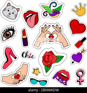 Fashion schrullige Patches mit Frauen Lippen, Herzen, Vogel und Hände auf weißem Hintergrund gesetzt. Vector farbige Aufkleber oder Abzeichen Sammlung Stock Vektor