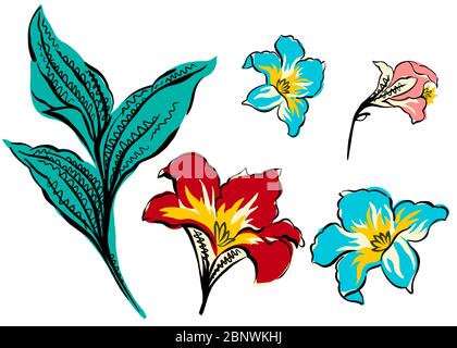 Blumen und Blätter mit handgezeichneter Illustration Design isoliert auf weißem Hintergrund für Textildrucke. Stockfoto