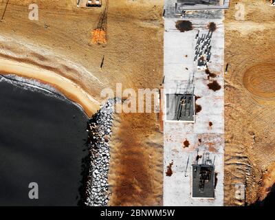 Espigo del Gas und Somorrostro Strand und Barceloneta Strand Luftaufnahme Barcelona Katalonien Spanien Espigó del Gas (Espigó de Ginebra) der Wellenbrecher von Stockfoto