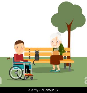 Behinderter Mann auf Rollstuhl in der Park-Vektor-Illustration Stock Vektor