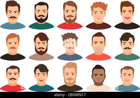 Cartoon schöne junge Kerl Porträts mit Bart oder ohne Vektor-Illustration. Mann Gesicht Avatar auf weißem Hintergrund isoliert gesetzt Stock Vektor