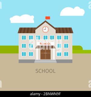 Farbige Schulgebäude mit Himmel und Wolken, Vektorgrafik Stock Vektor