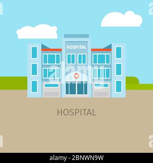 Farbiges Krankenhaus mit Himmel und Wolken, Vektorgebäude Stock Vektor