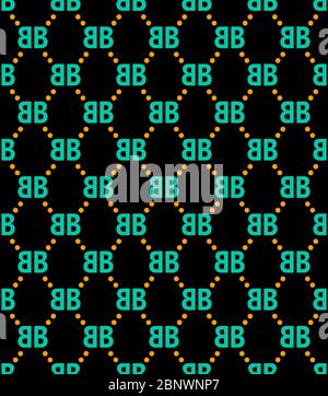 Nahtlose geometrische Muster von B-Buchstaben mit Punkten. Design für Stoff Textil druckfertig. Auf schwarzem Hintergrund. Stockfoto