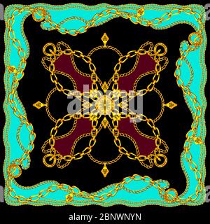 Seidenschal mit goldenen Ketten. Schmuck Schal Design auf schwarzem Hintergrund. Luxuriöser Goldener Barock. Bereit für Textildrucke. Stockfoto