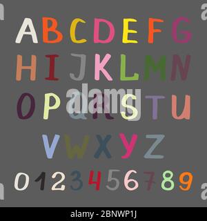 Vektor bunte handgeschriebene Alphabet und Zahlen auf grauem Hintergrund Stock Vektor