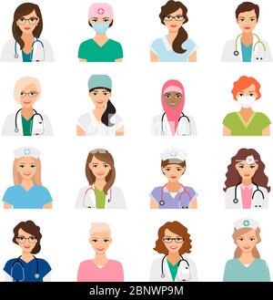 Medizin Avatare mit weiblichen Ärzten und Krankenschwestern Vektor-Icons isoliert auf weiß gesetzt Stock Vektor