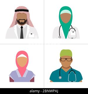 Muslimische Gesundheitsexperten Vektor-Symbole. Arabisches Krankenhausteam, Gruppe von medizinischen Arbeitern Doc und Krankenschwester isoliert auf weiß Stock Vektor