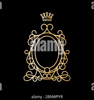 Goldener Vintage ovaler Rahmen mit Krone auf schwarzem Hintergrund. Vektorgrafik Stock Vektor
