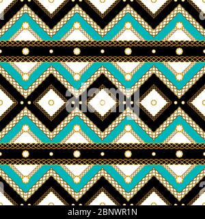 Trendiges Design mit nahtlosem Streifen-Fashion-Print und goldenen Ketten. Vintage Schal Muster mit schwarzem und grünem Hintergrund bereit für Textildruck. Stockfoto