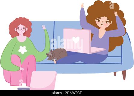 Arbeiten aus der Ferne, junge Frauen sitzen auf Sofa und Boden mit Laptop und Katze Vektor Illustration Stock Vektor