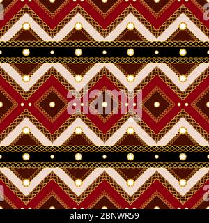 Trendiges Design mit nahtlosem Streifen-Fashion-Print und goldenen Ketten. Vintage Schal Muster mit rotem und schwarzem Hintergrund bereit für Textildruck. Stockfoto