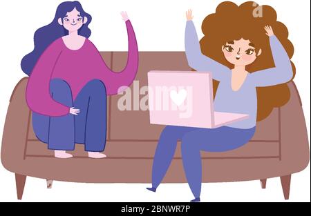 Arbeiten aus der Ferne, junge Frauen mit Laptop sitzen auf Sofa Möbel Vektor Illustration Stock Vektor