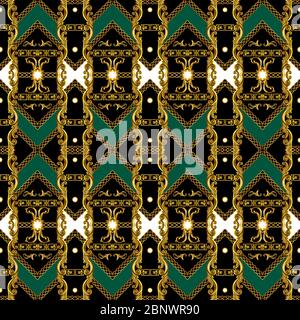 Trendiges Design mit nahtlosem Streifen-Fashion-Print mit goldenem Barock. Vintage Schal Muster mit grün und schwarz Hintergrund bereit für Textildruck. Stockfoto