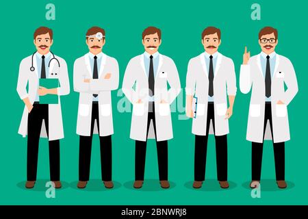 Stehende männliche Arzt stellt Vektor-Illustration. Healthcare Mann Praktiker Porträt in weißem Mantel isoliert auf Hintergrund Stock Vektor