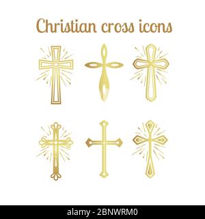 Golden christian Kreuz Icons isoliert gesetzt. Vektorgrafik Stock Vektor
